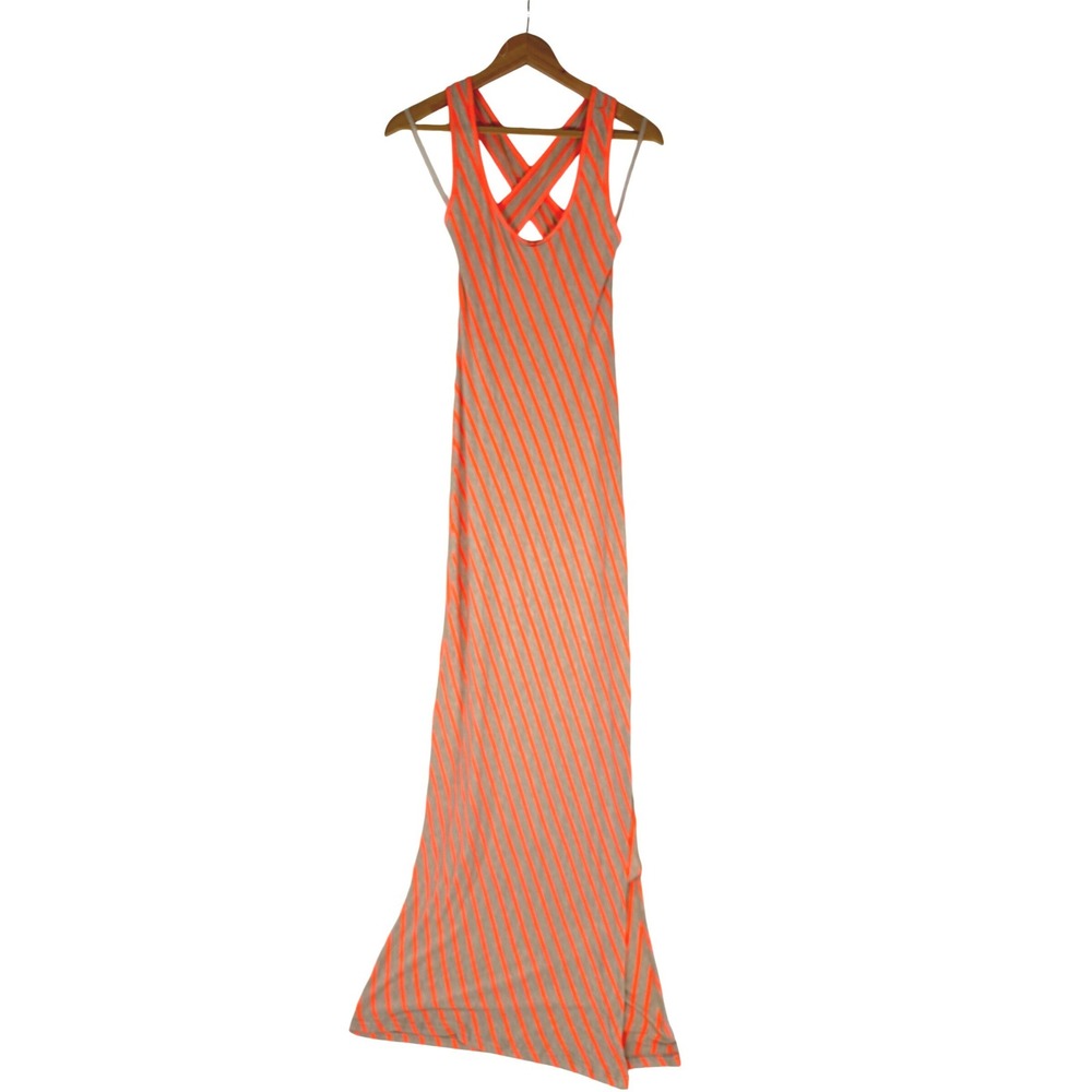Arden B Maxi Dress Womens L Orange Tan Striped Crisscross Back Sleeveless Cutout